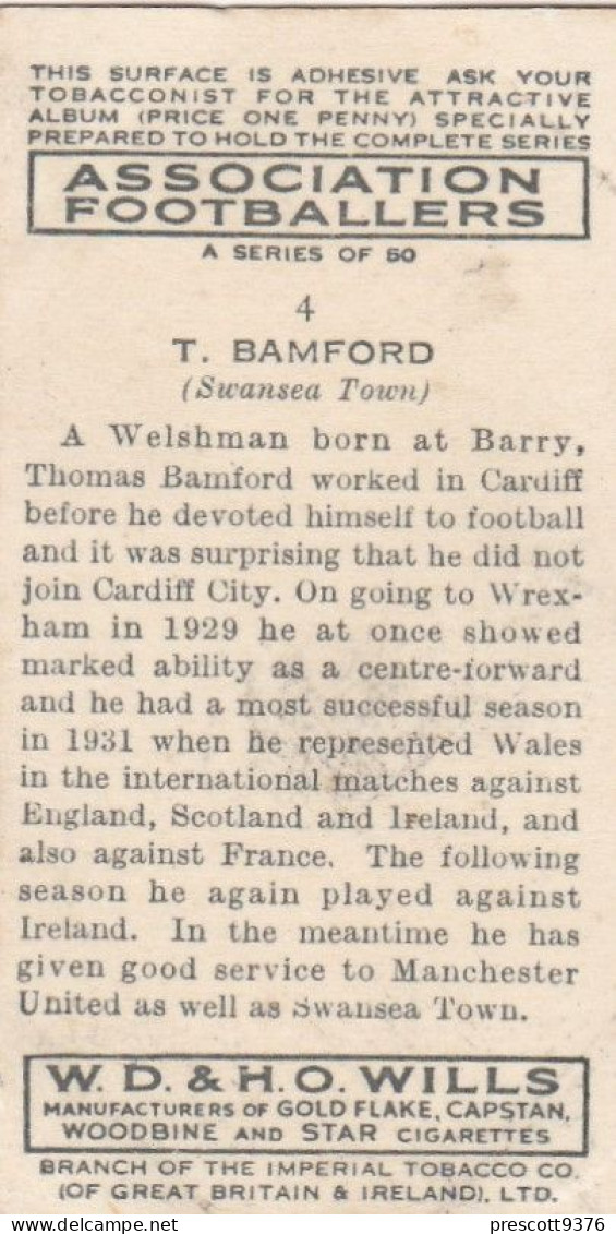 4 Tom Bamford, Swansea Town FC  - Wills Cigarette Card - Association Footballers, 1935 - Original Card - Sport - Wills