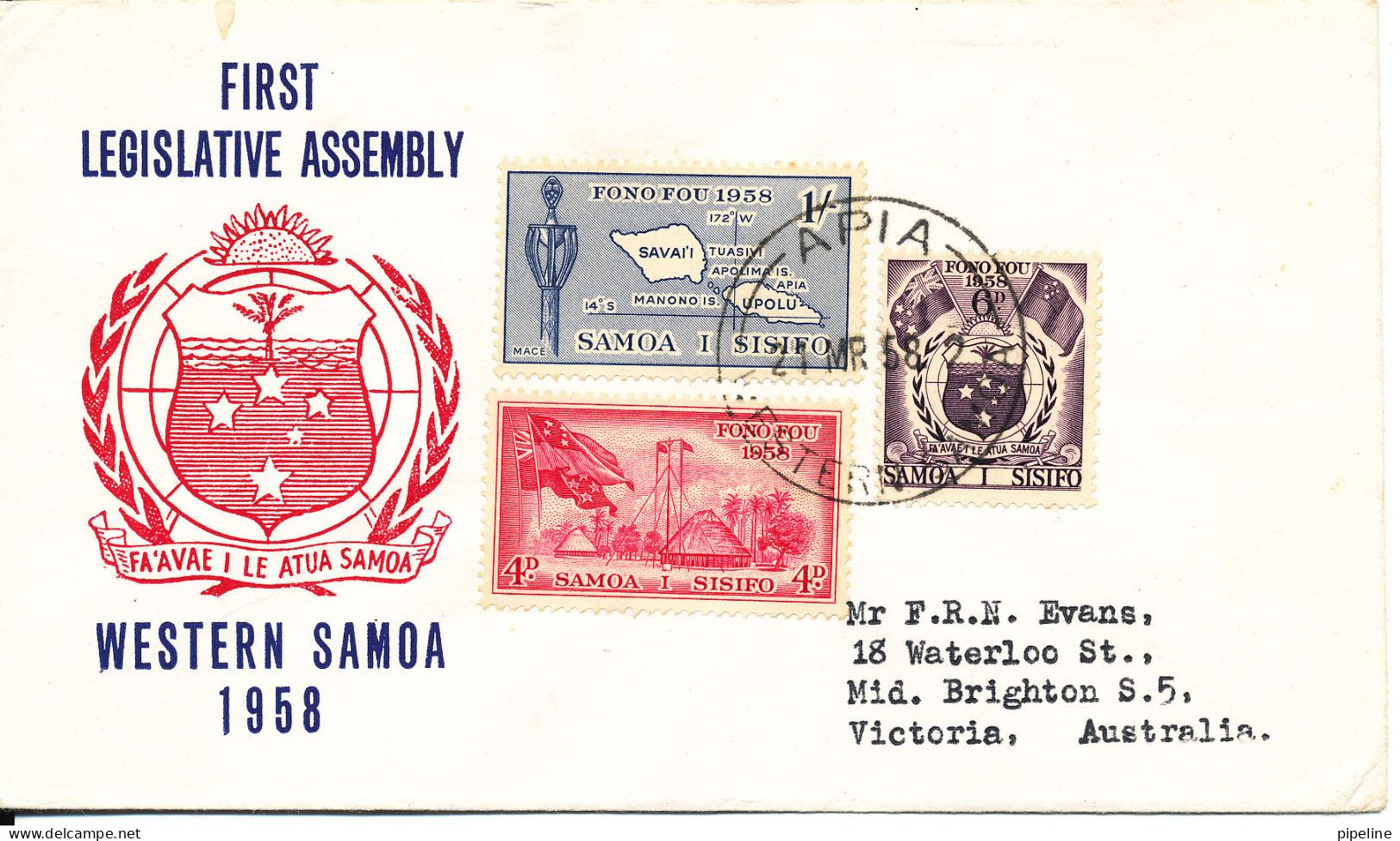 Samoa I Sisifo FDC 21-3-1958 First Legislative Assembly Western Samoa 1958 With Cachet And Sent To Australia - Samoa