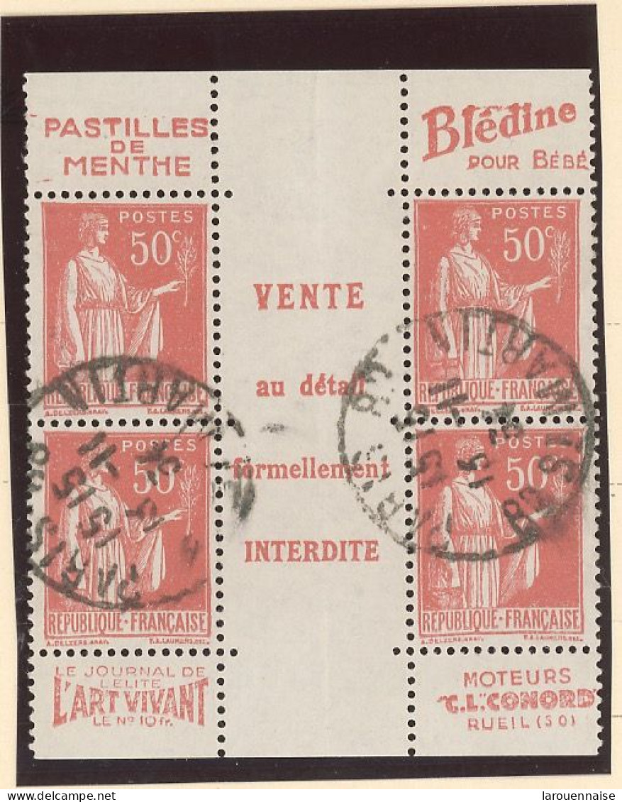 BANDE PUB -N°283  PAIX TYPE II A  50c ROUGE  Obl - 2 PAIRES   AVEC CENTRE DE CARNET - ( MAURY 217b +203 D ) - Used Stamps