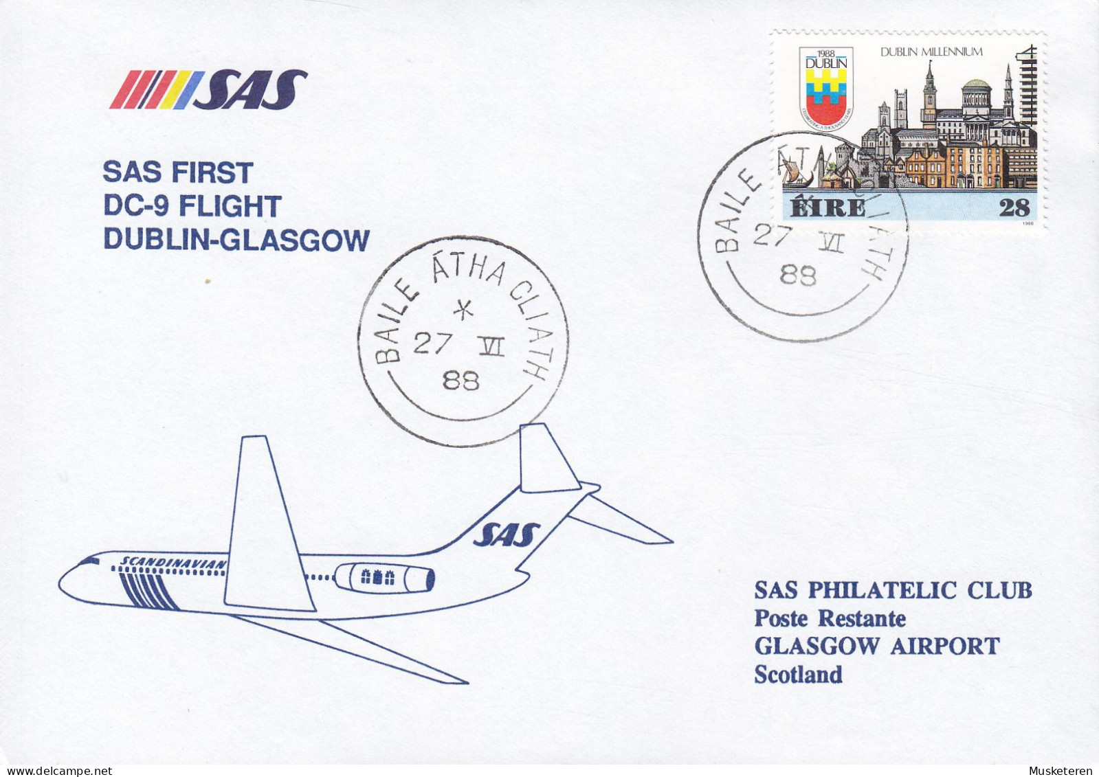 Ireland First SAS DC-9 Flight DUBLIN-GLASGOW, BAILE ÁTHA CLIATH 1988 Cover Brief Lettre GLASGOW (Arr.) Dublin Millenium - Posta Aerea