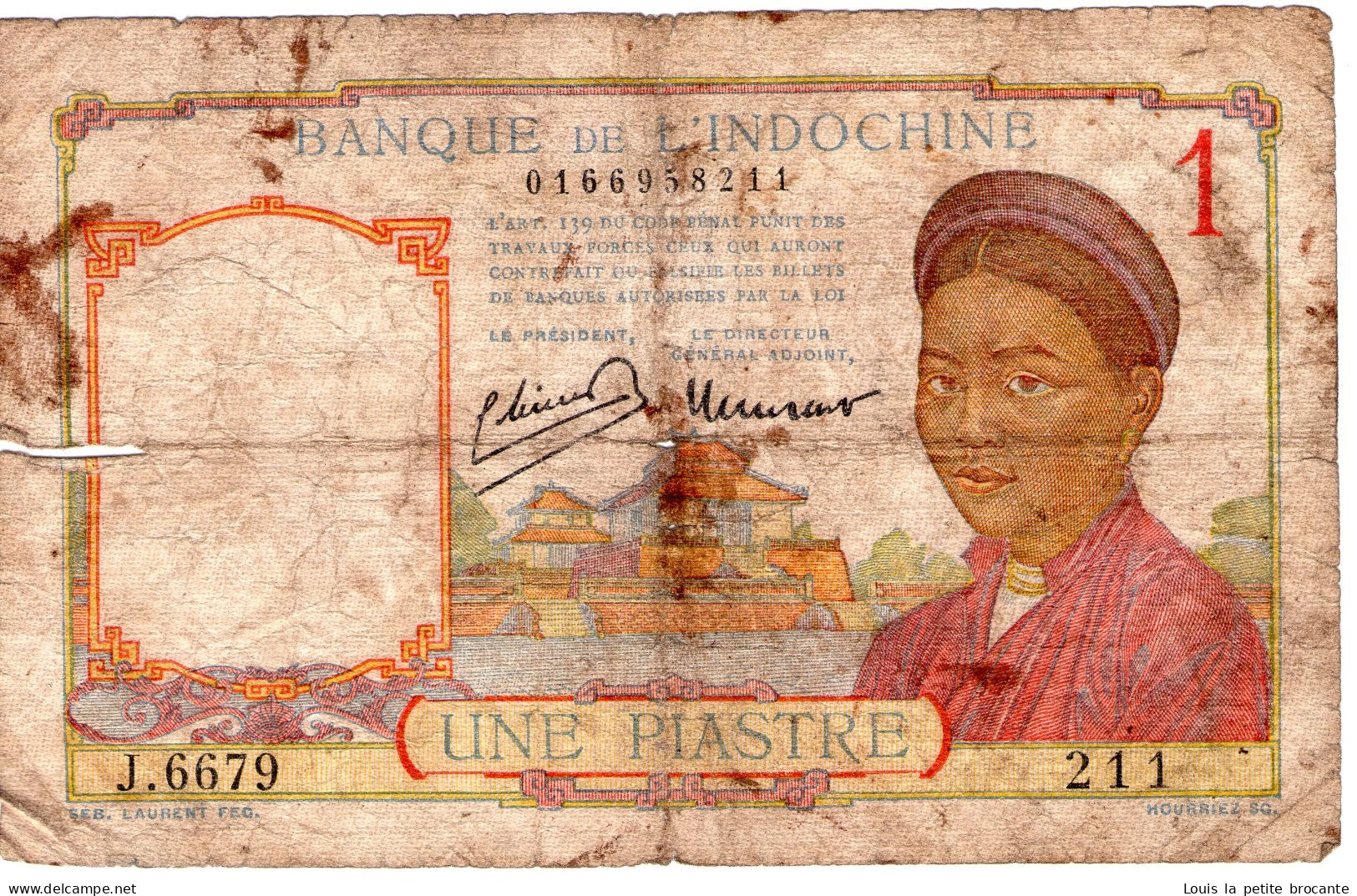 Billet Indochine De 1 Piastre, état Très Très Moyen J 6679 211 - Indochina