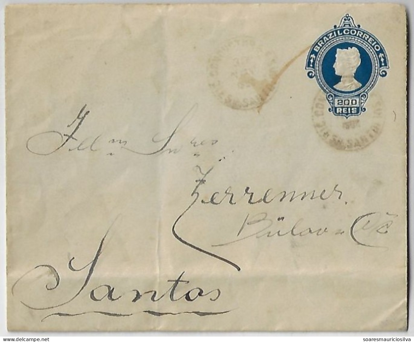 Brazil 1909 Postal Stationery Cover Stamp 200 Réis Espirito Santo To Santos Railway Cancel Sent To Zerrenner Bülow & Co - Ganzsachen