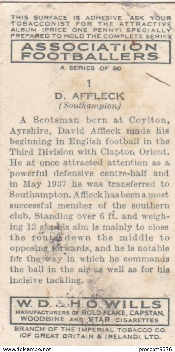 1 D Affleck, Southampton  FC  - Wills Cigarette Card - Association Footballers, 1935 - Original Card - Sport - Wills