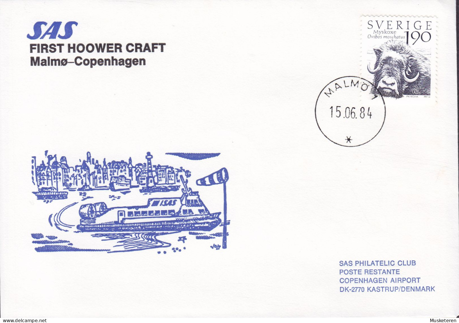 Sweden SAS First Hoower Craft Flight MALMØ-COPENHAGEN, MALMÖ 1984 Cover Brief Lettre KØBENHAVN LUFTHAVN (Arr.) Muskoxe - Brieven En Documenten