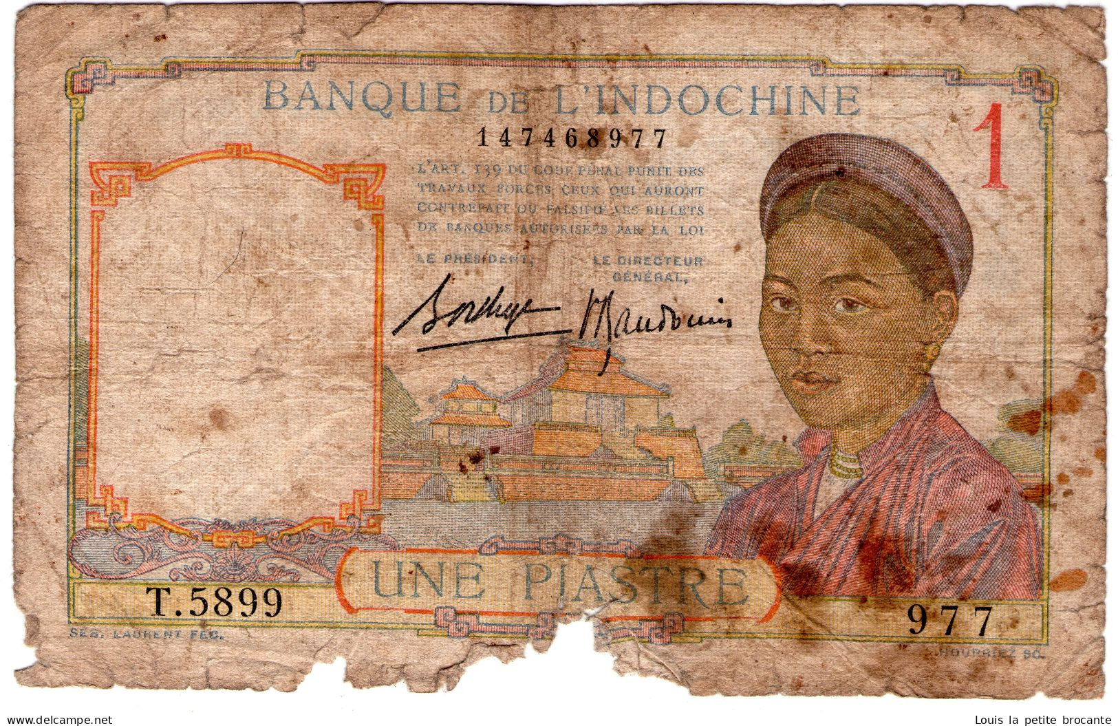 Billet Indochine De 1 Piastre état Très Très Moyen - T 5899 977 - Indocina