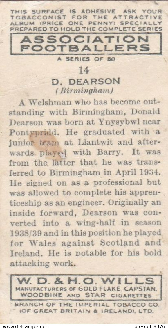 14 Donald Dearson Birmingham  FC  - Wills Cigarette Card - Association Footballers, 1935 - Original Card - Sport - Wills