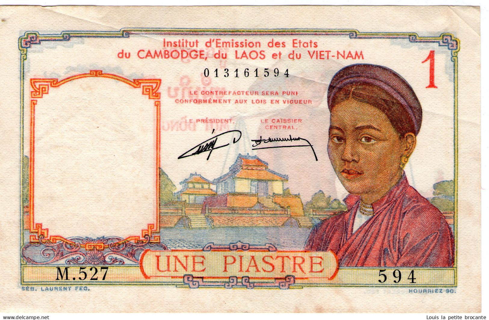 Billet Indochine De 1 Piastre (Cambodge/Laos/Vietnam) Bel état Avec 1 Pli Traversant  M 527 594 - Indocina