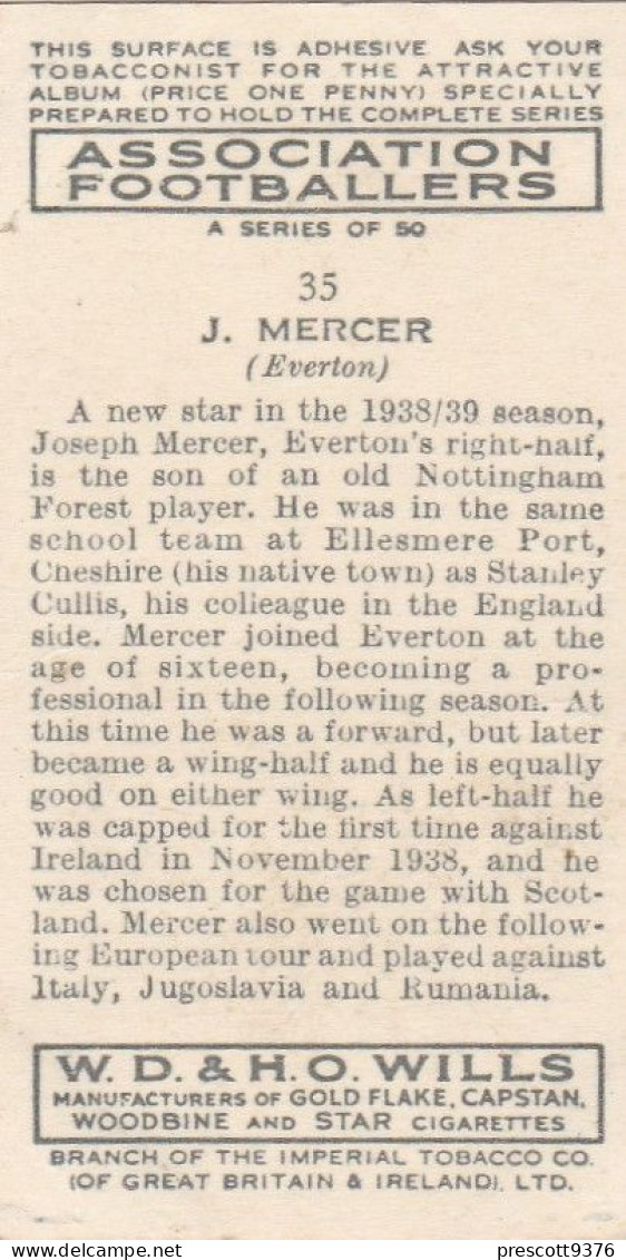 35 Joe Mercer, Everton FC  - Wills Cigarette Card - Association Footballers, 1935 - Original Card - Sport - Wills