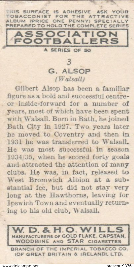 3 Gilbert Alsop, Walsall FC  - Wills Cigarette Card - Association Footballers, 1935 - Original Card - Sport - Wills