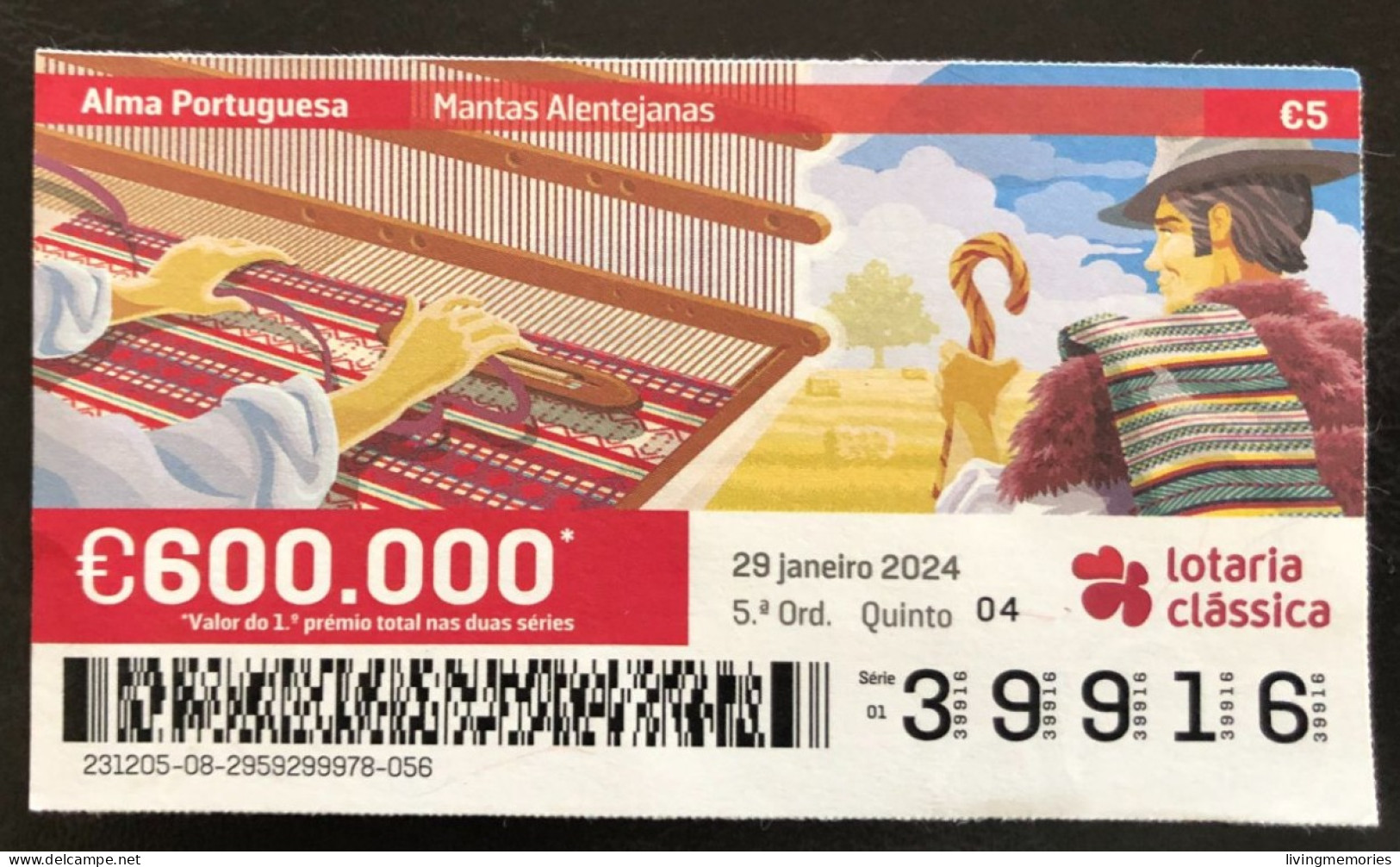 116 H, 1 X Lottery Ticket, Portugal, « Alma Portuguesa »,« Portuguese Soul », «Mantas Alentejanas», 2024 - Biglietti Della Lotteria