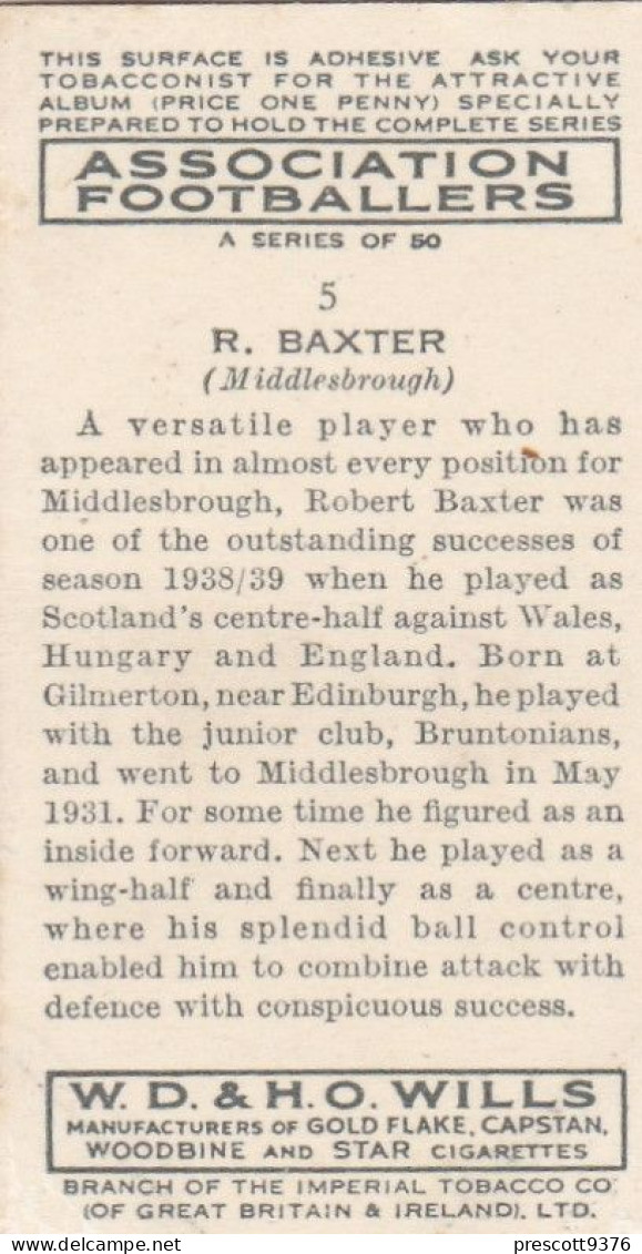 5 Robert Baxter Middlesborough FC  - Wills Cigarette Card - Association Footballers, 1935 - Original Card - Sport - Wills