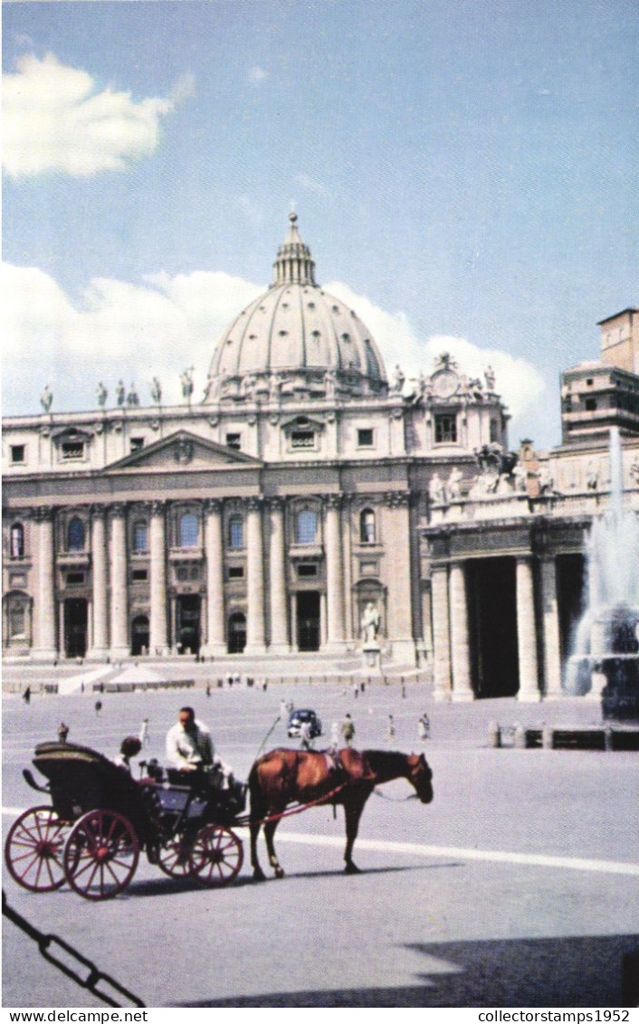 ROME, ST. PETER'S CHURCH, ARCHITECTURE, CARRIAGE, HORSE, CAR,  FOUNTAIN, STATUE, ITALY, POSTCARD - San Pietro
