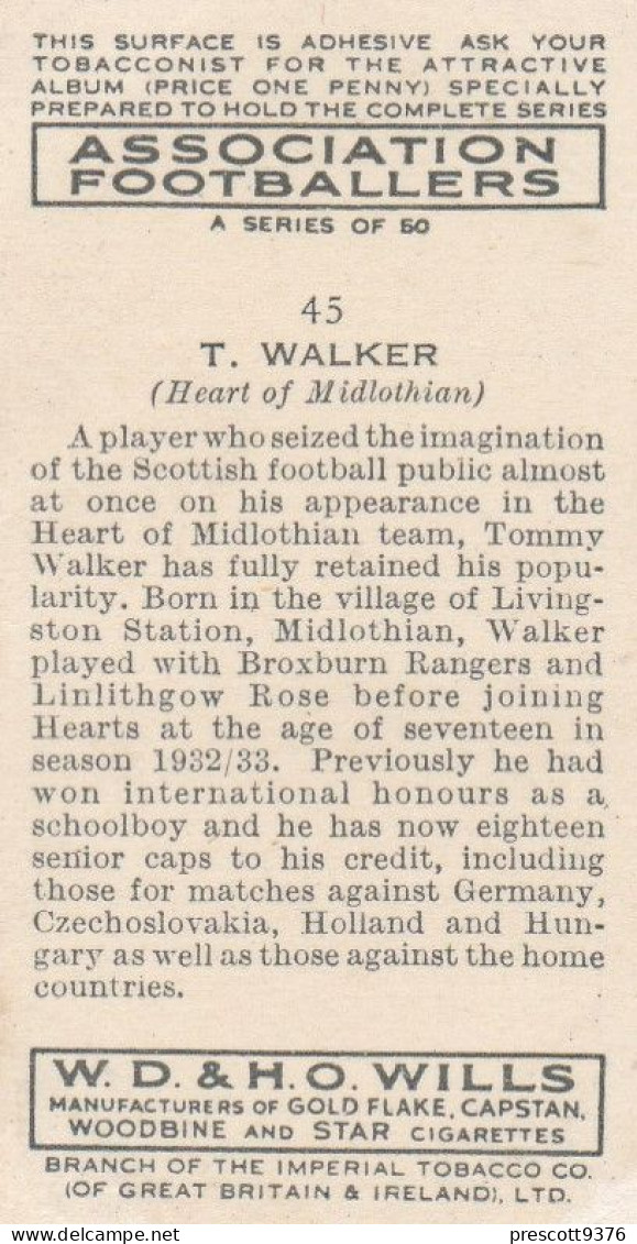 45 Tommy Walker, Heart Of Midlothian FC  - Wills Cigarette Card - Association Footballers, 1935 - Original Card - Sport - Wills