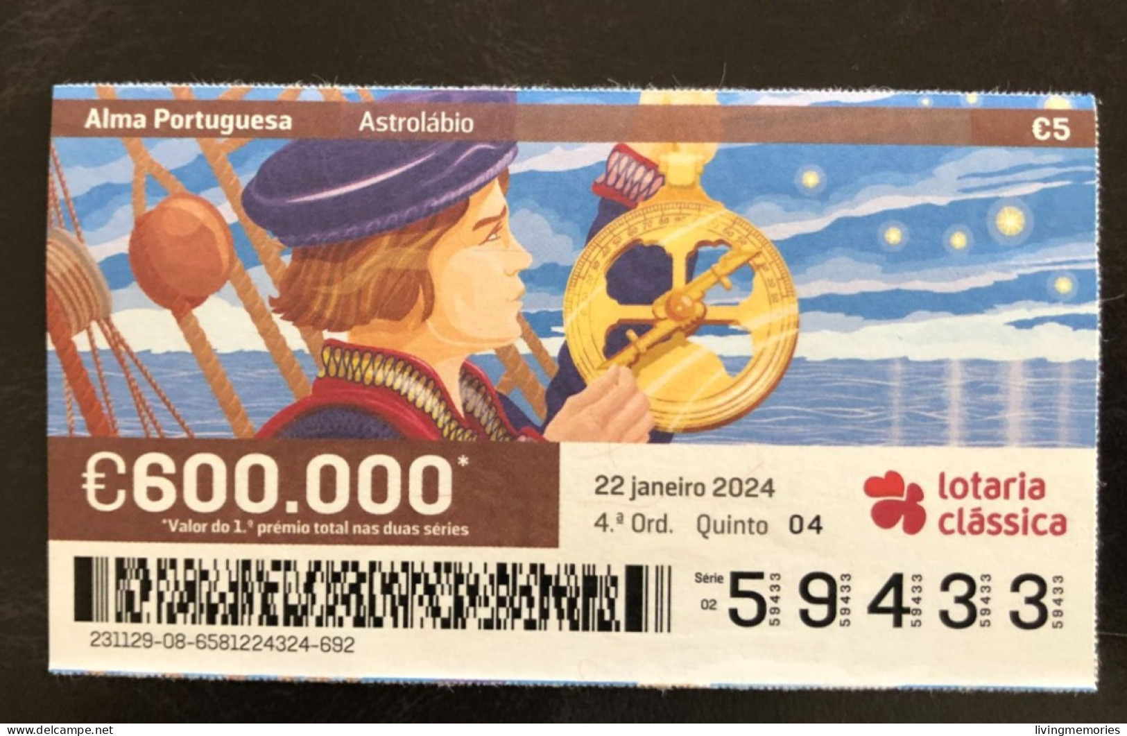 116 H, 1 X Lottery Ticket, Portugal, « Alma Portuguesa »,« Portuguese Soul », « Astrolábio », « Astrolabe », 2024 - Biglietti Della Lotteria