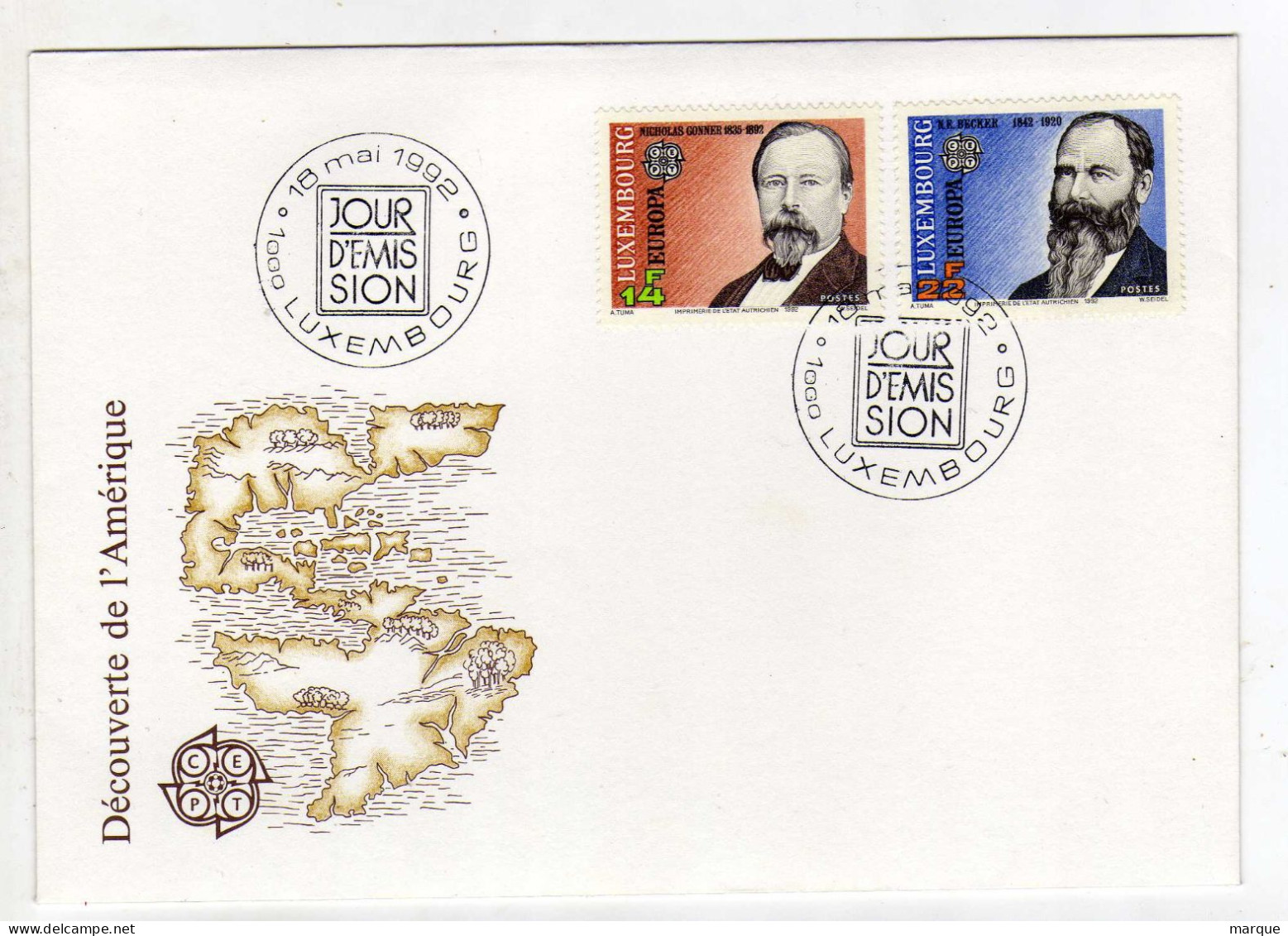 Enveloppe 1er Jour LUXEMBOURG Oblitération 1000 LUXEMBOURG 18/05/1992 - FDC