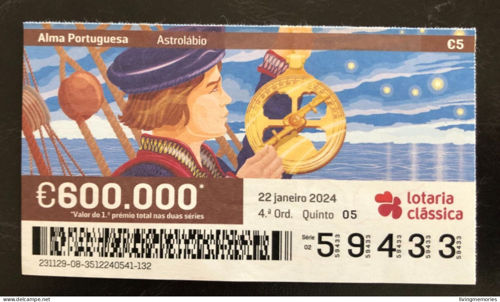 116 H, 1 X Lottery Ticket, Portugal, « Alma Portuguesa »,« Portuguese Soul », « Astrolábio », « Astrolabe », 2024 - Biglietti Della Lotteria