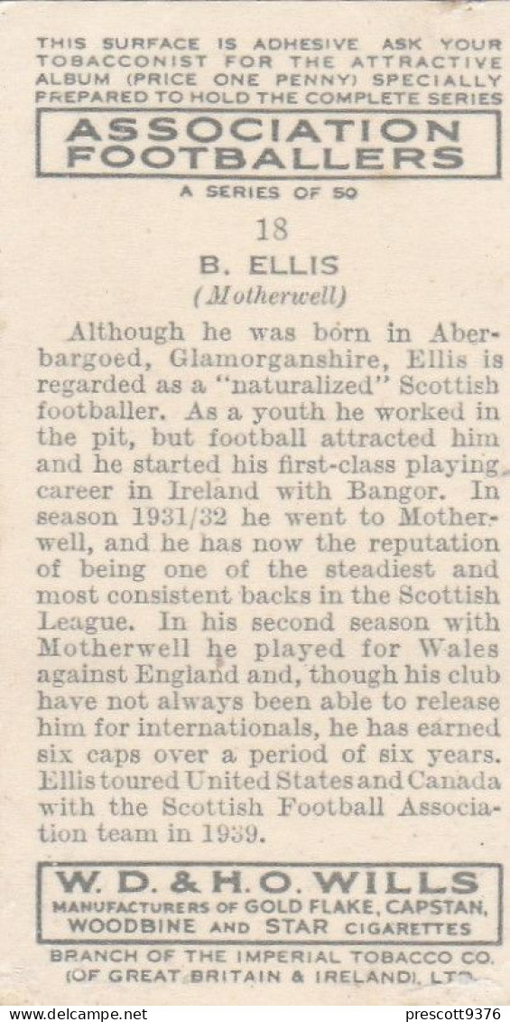 18 B Ellis Motherwell FC  - Wills Cigarette Card - Association Footballers, 1935 - Original Card - Sport - Wills