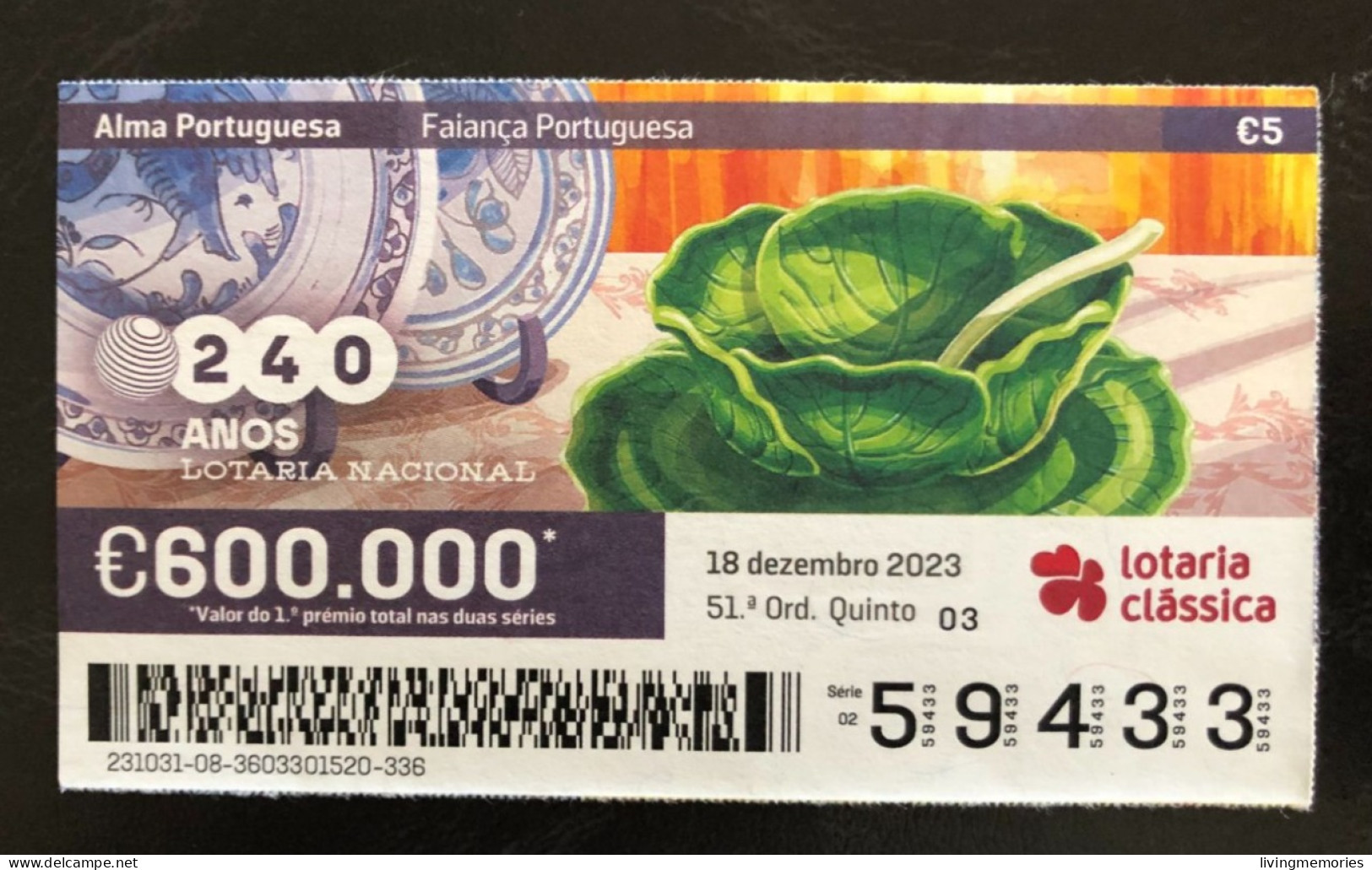 116 H, 1 X Lottery Ticket, Portugal, «Alma Portuguesa»,«Portuguese Soul» « Faiança », « Faience », 2023 - Biglietti Della Lotteria