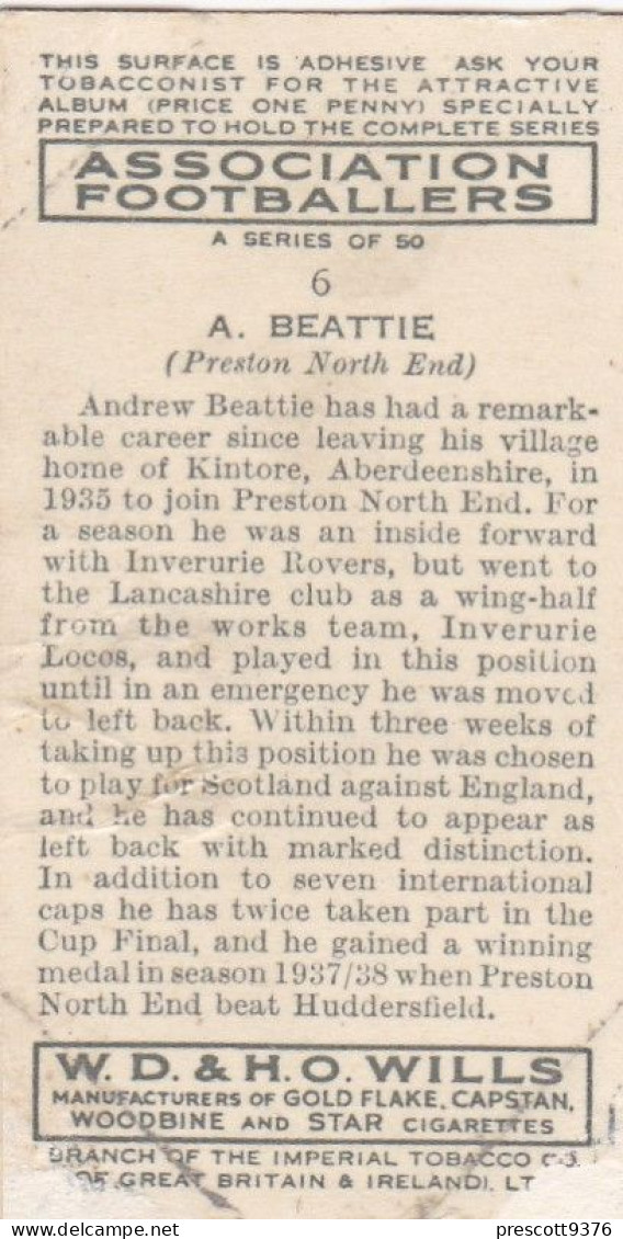 6 Andrew Beatie, Preston North End  FC  - Wills Cigarette Card - Association Footballers, 1935 - Original Card - Sport - Wills