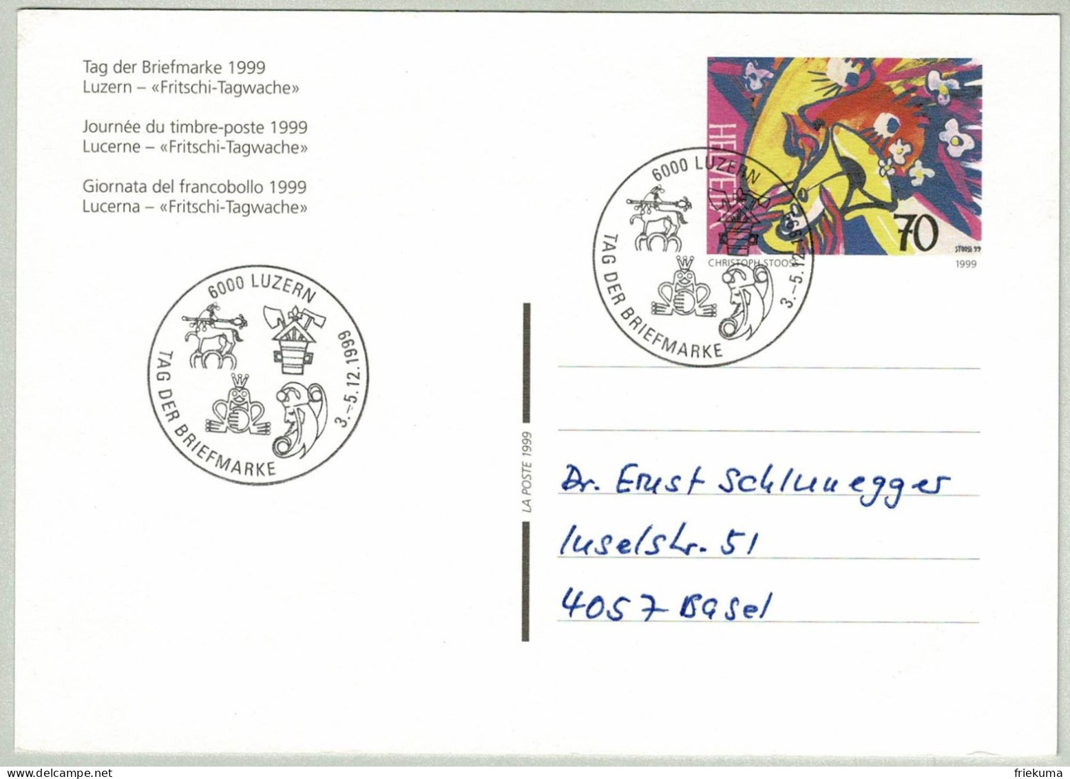 Schweiz / Helvetia 1999, Ganzsache Tag Der Briefmarke Luzern - Basel, Fritschi-Tagwache, Karneval/Carnaval/Carnival - Carnaval