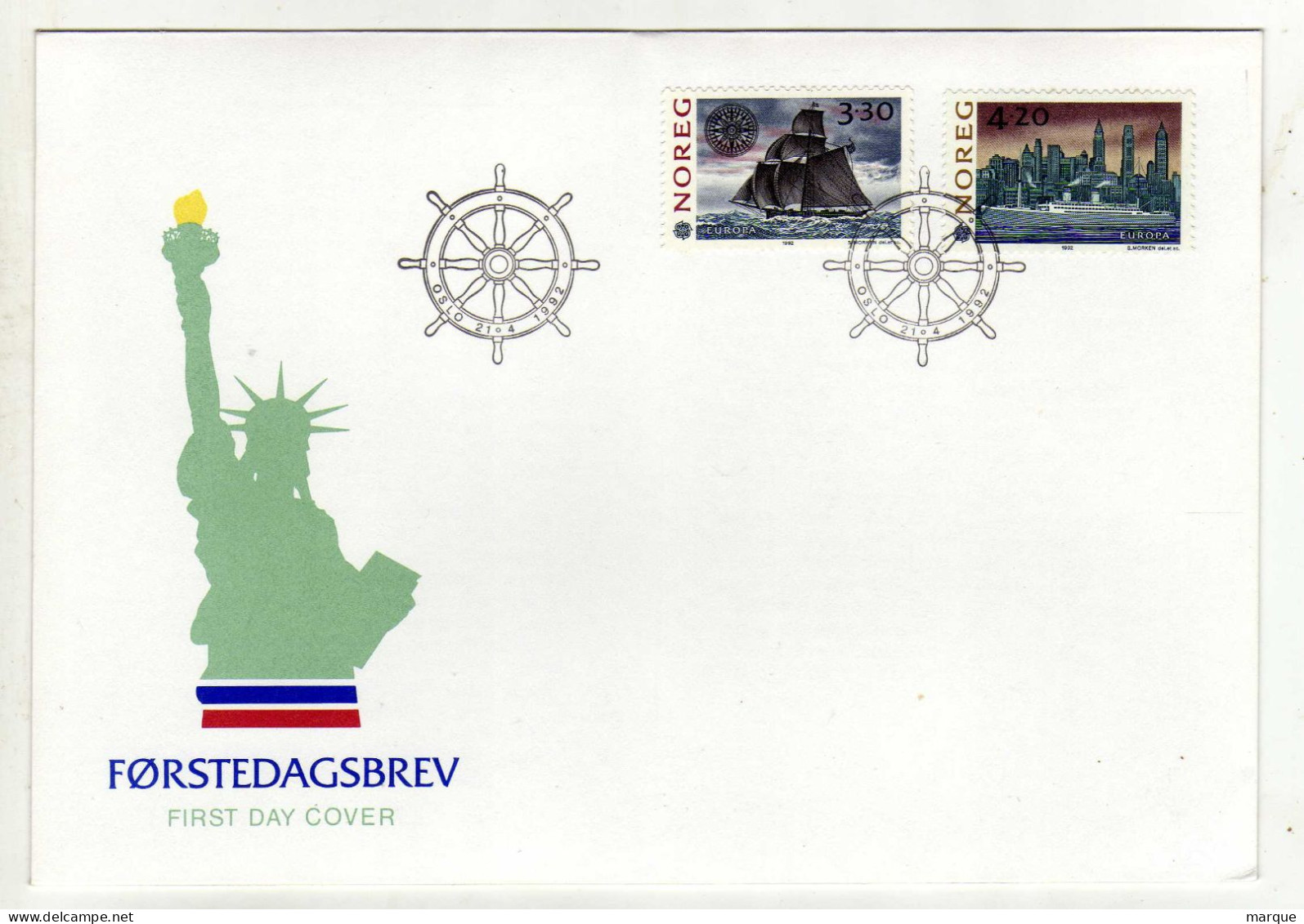 Enveloppe 1er Jour NORVEGE NOREG Oblitération OSLO 21/04/1992 - FDC