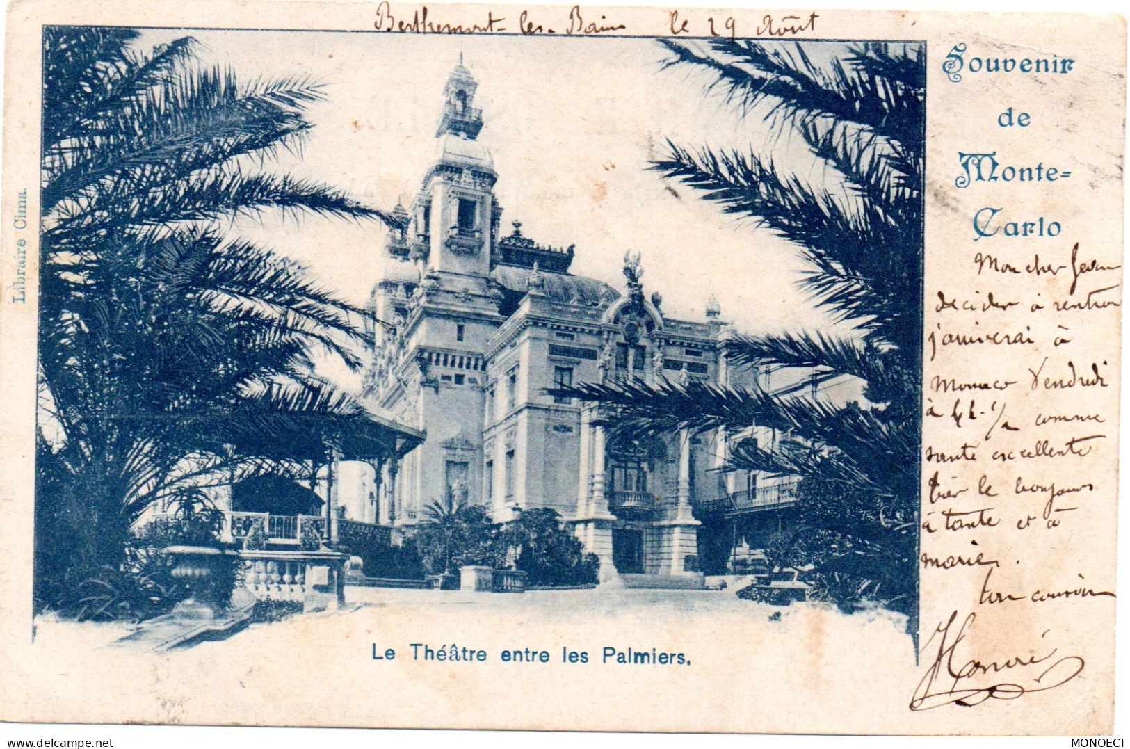 MONACO -- MONTE CARLO -- CPA Précurseur -- Le Théâtre Entre Les Palmiers - Généalogie Famille ROMAGNAN Jean - Opernhaus & Theater