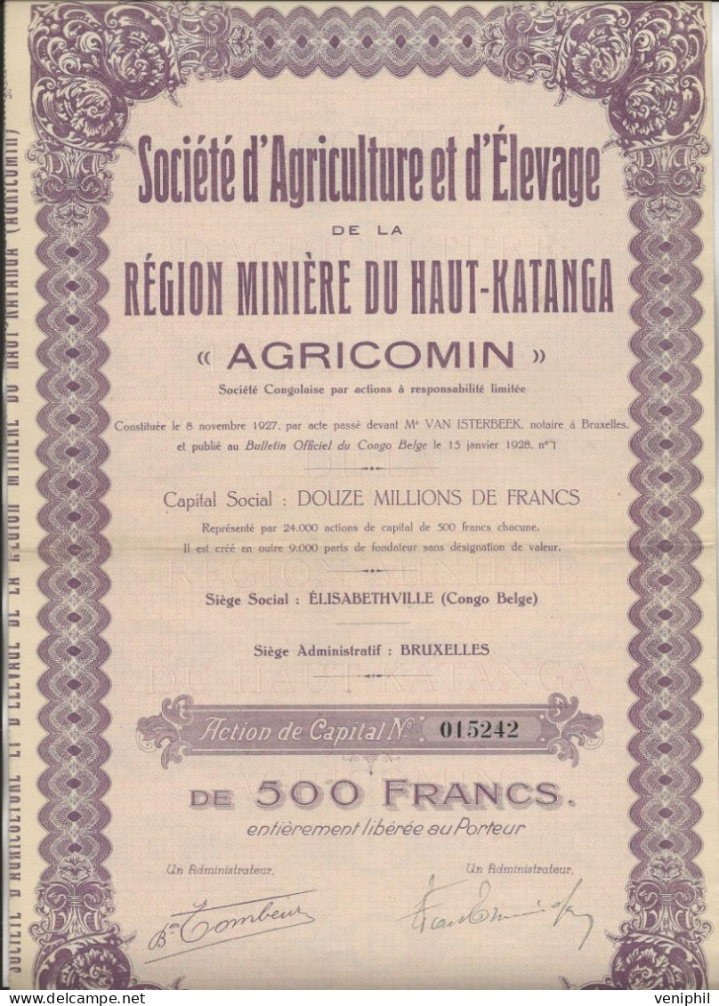 SOCIETE D'AGRICULTURE ET  D'ELEVAGE  DE LA REGION MINIERE DU HAUT - KATANGA"AGRICOMIN "ACTION DE 500 FRS - 1925 - Agriculture