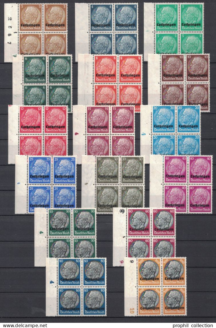 SÉRIE ALSACE LORRAINE N° 24 à 39 NEUF ** LUXE En BLOC De 4 TIMBRES SURCHARGÉS LOTHRINGEN - Unused Stamps