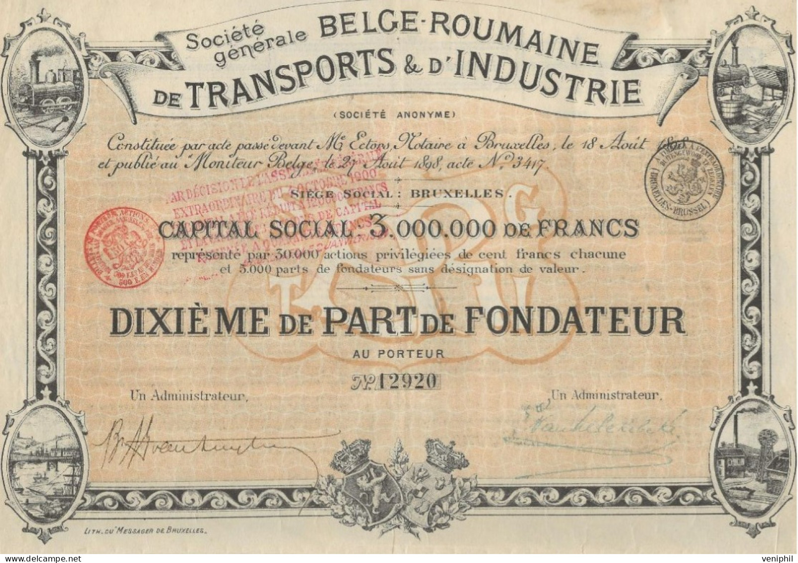 SOCIETE BELGE -ROUMAINE DE TRANSPORTS ET D'INDUSTRIE - DIXIEME DE PART DE FONDATEUR  ANNEE 1898 - Transport