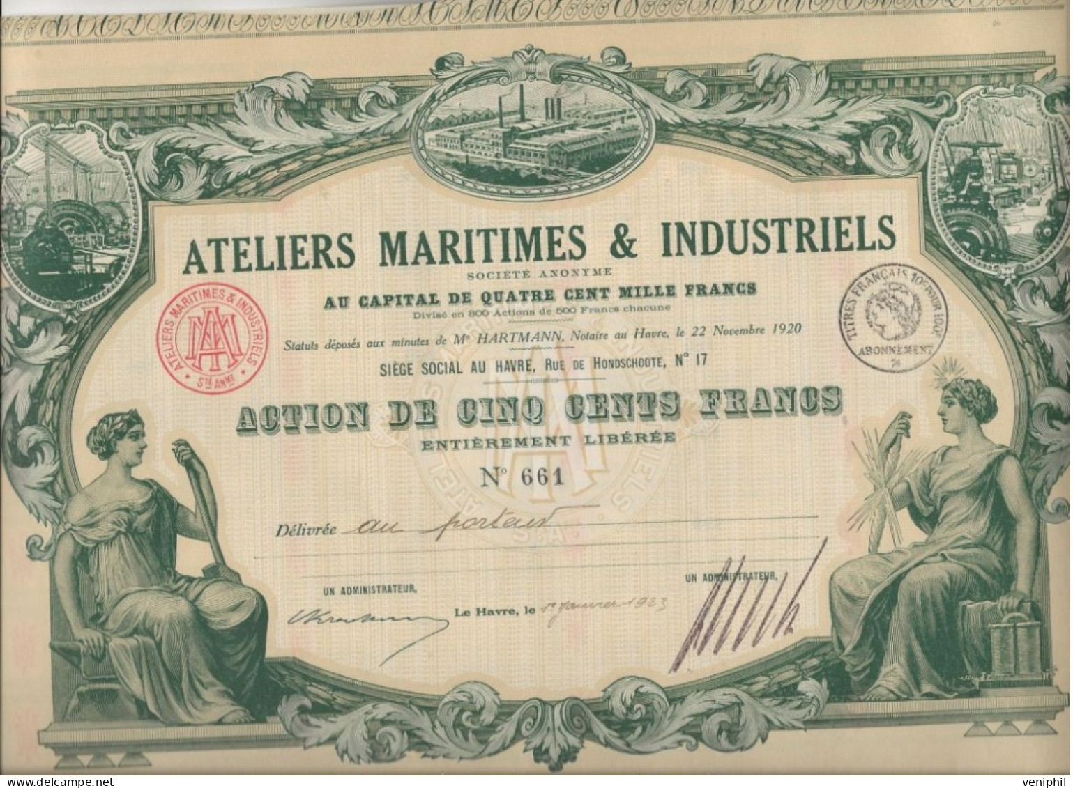 ATELIERS MARITIMES ET INDUSTRIELS - ACTION ILLUSTREE DE CINQ CENT FRANCS - ANNEE 1920 - Scheepsverkeer