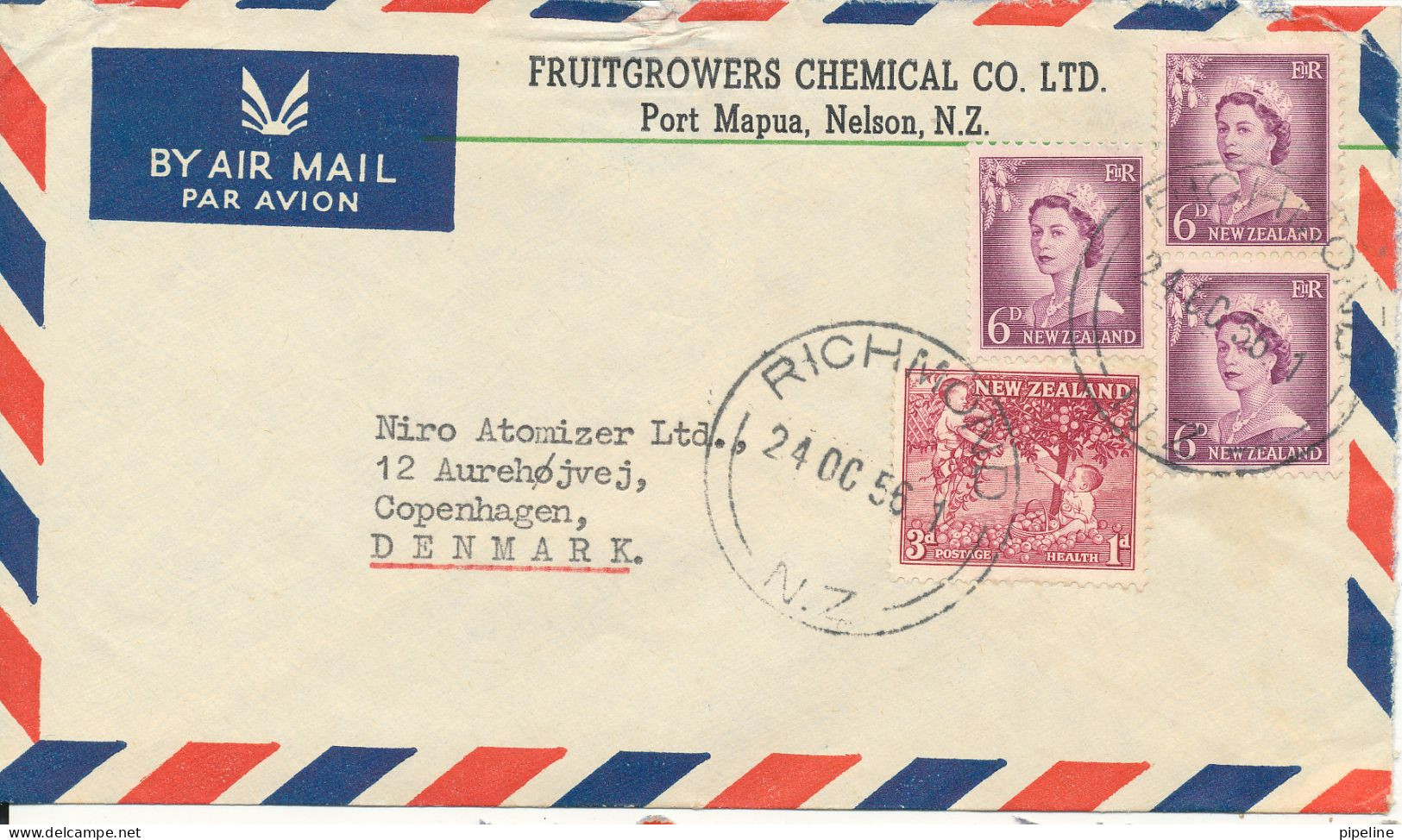 New Zealand Air Mail Cover Sent To Denmark Richmond 24-10-1956 - Poste Aérienne