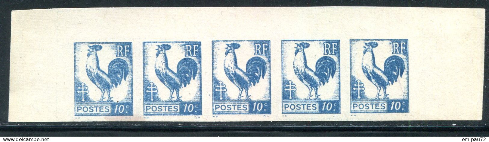 FRANCE- Coq D'Alger- 10cts, Non Dentelé, Bleu Clair- Neuf Sans Charnière ** En Bande De 5 - Color Proofs 1900-1944