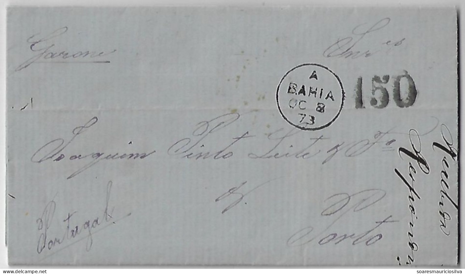 Brazil 1873 Fold Cover From Bahia To Portugal Cancel P. Transatlantico By Garonne Pacific Steam Navigation Co 150 Réis - Briefe U. Dokumente
