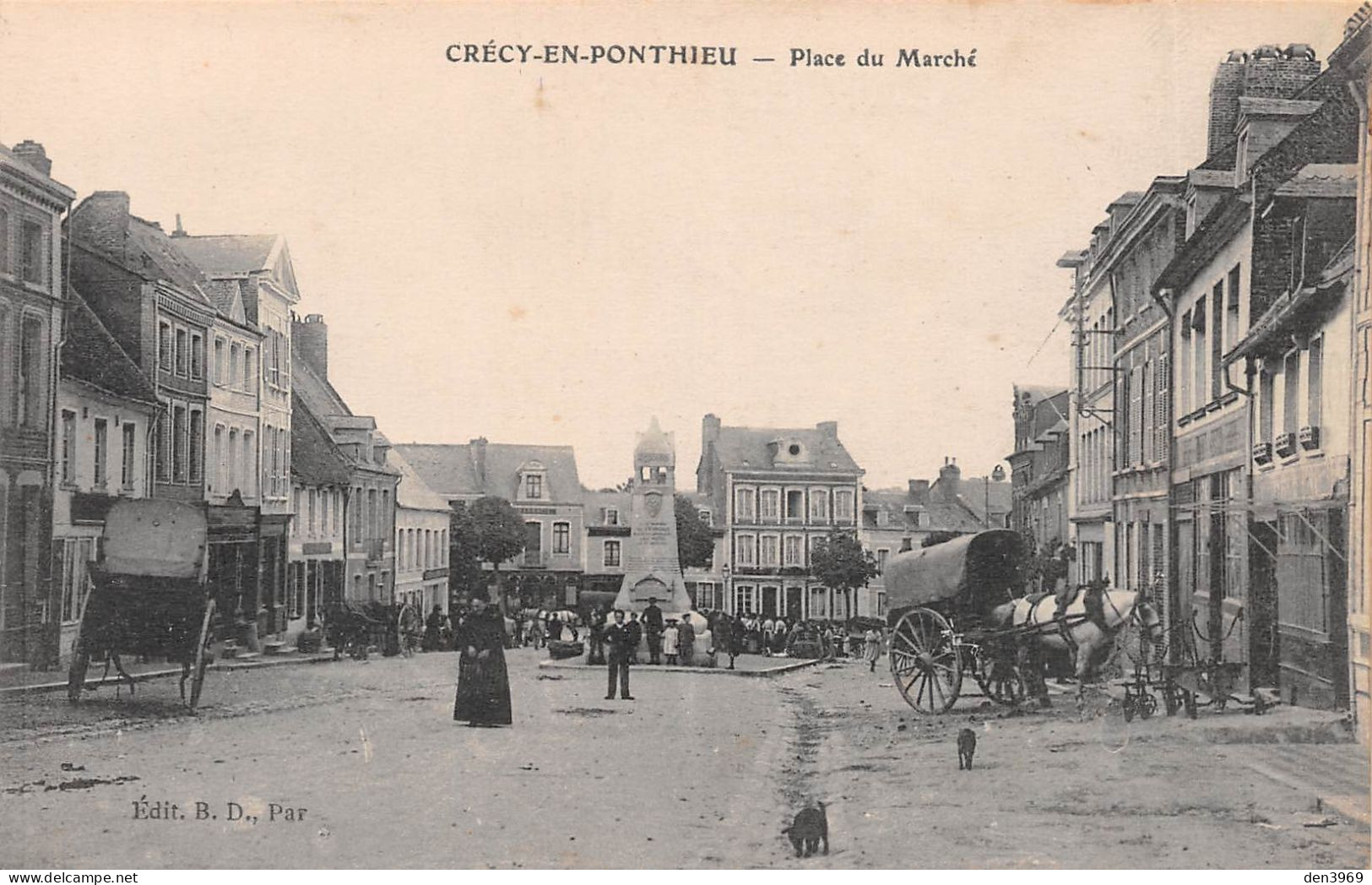 CRECY-en-PONTHIEU (Somme) - Place Du Marché - Attelage De Cheval - Ecrit 1916 (2 Scans) - Crecy En Ponthieu