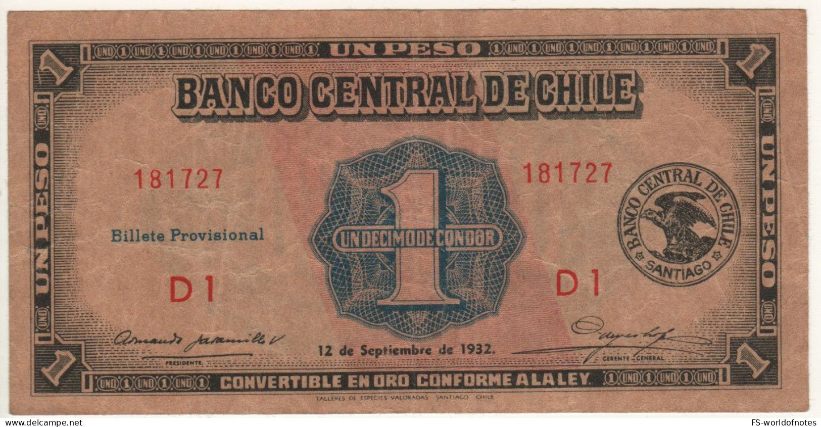 CHILE  1 Peso -(1/10 Condor)  P88a   Dated 12.09.1932 - Chile