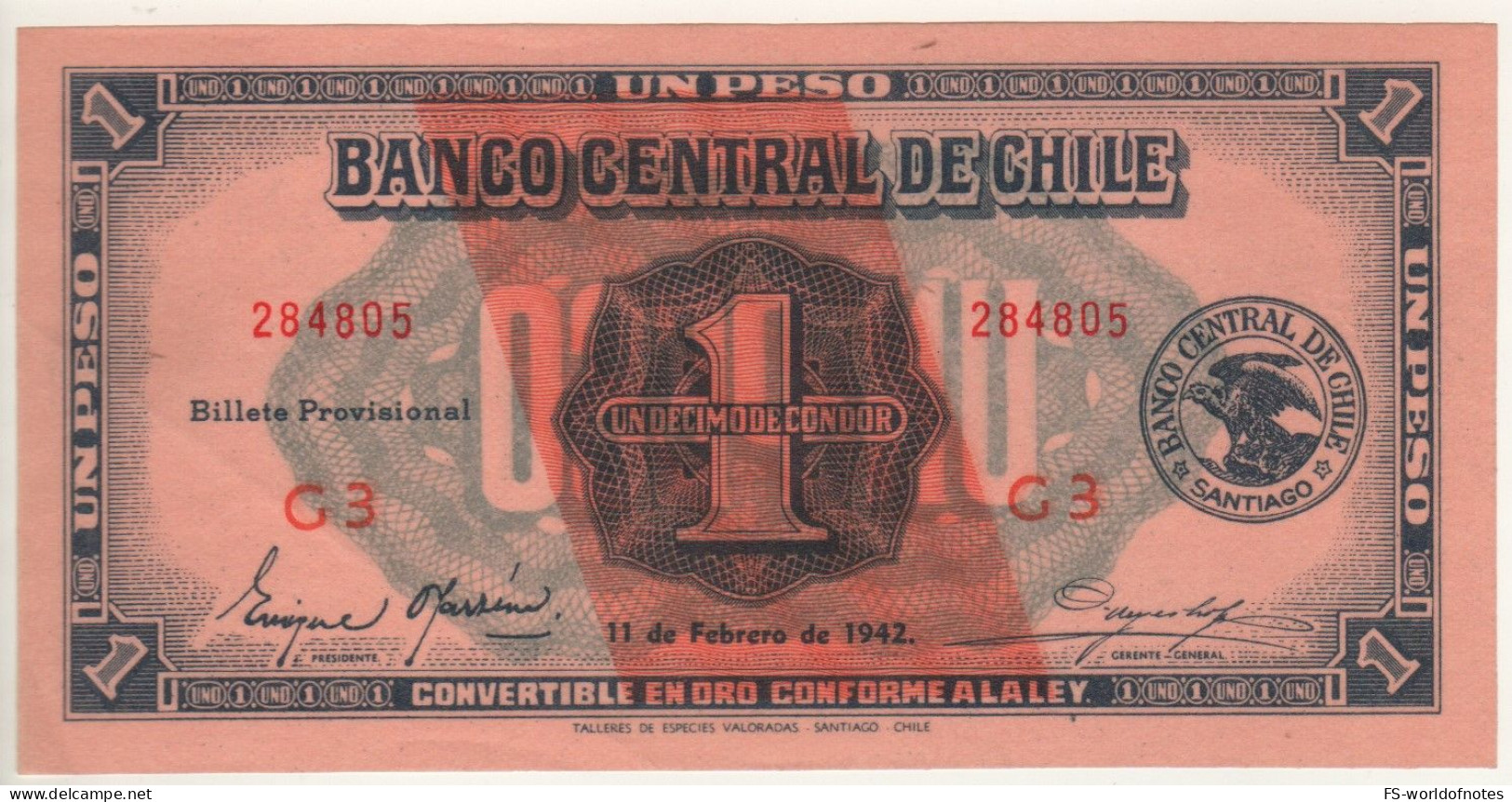 CHILE  1 Peso - (1/10 Condor)  P89   Dated 11.02.1942 - Chili