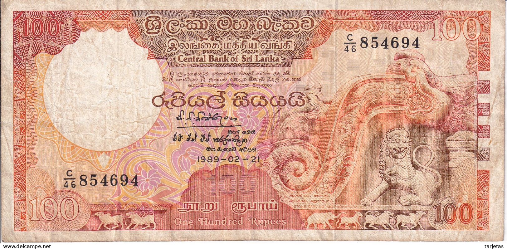 BILLETE DE SRY LANKA DE 100 RUPEES DEL AÑO 1989  (BANKNOTE) - Sri Lanka