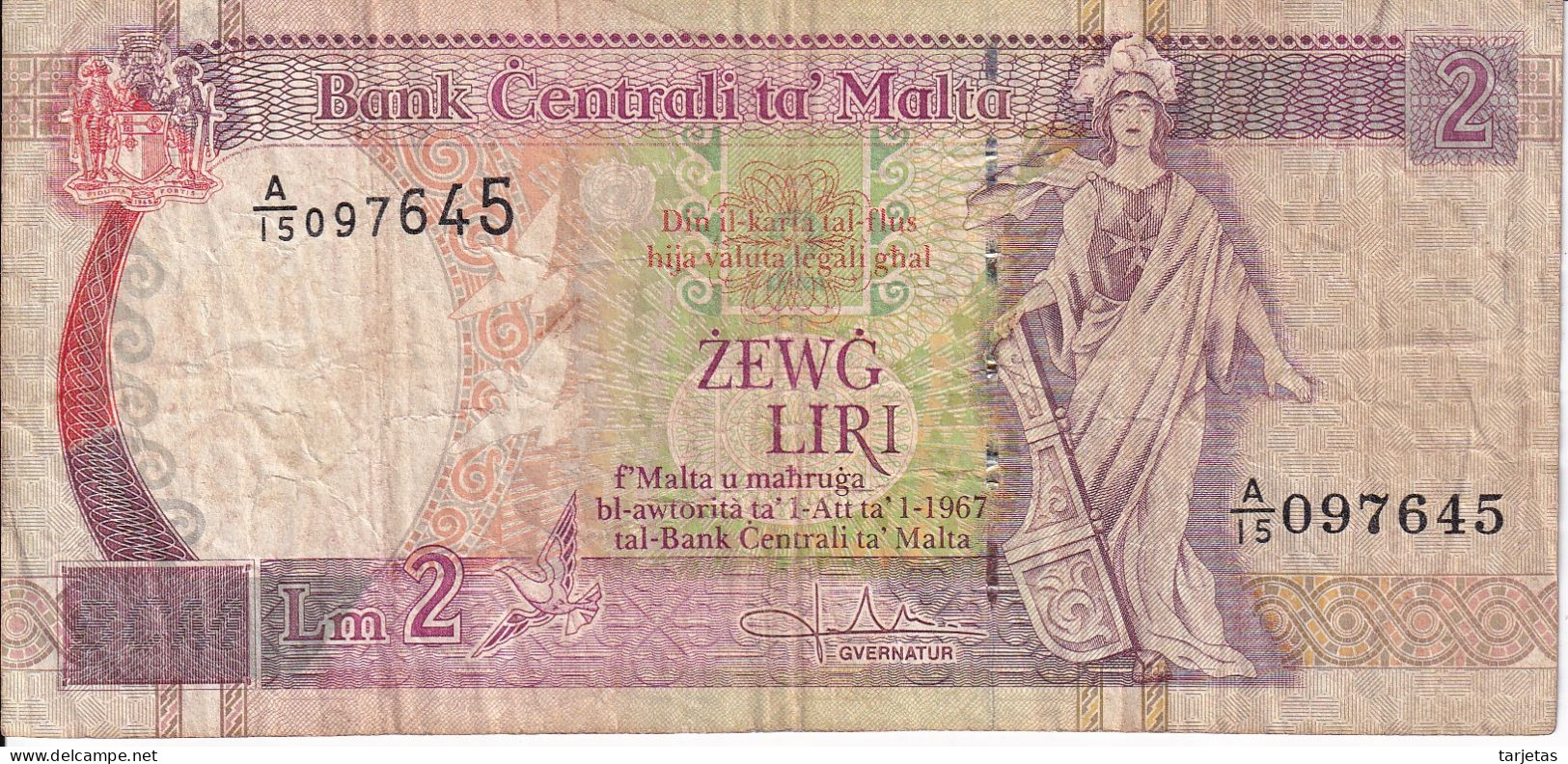 BILLETE DE MALTA DE 2 LIRAS DEL AÑO 1989  (BANKNOTE) - Malta