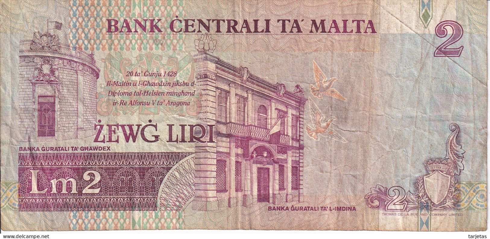 BILLETE DE MALTA DE 2 LIRAS DEL AÑO 1989  (BANKNOTE) - Malta