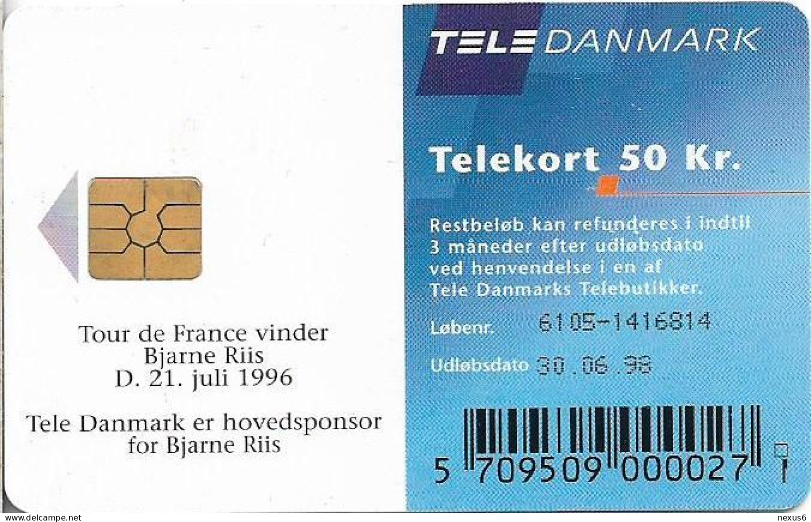 Denmark - Tele Danmark (chip) - Bjarne Riis - TDS018 - 10.1996, 50kr, 16.000ex, Used - Denmark