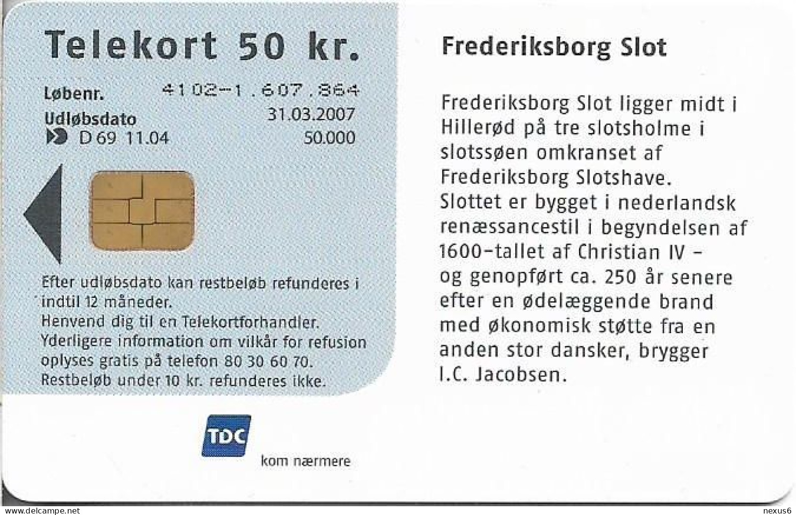 Denmark - Tele Danmark (chip) - Frederiksborg - TDD069 - 11.2004, 50kr, 50.000ex, Used - Danemark