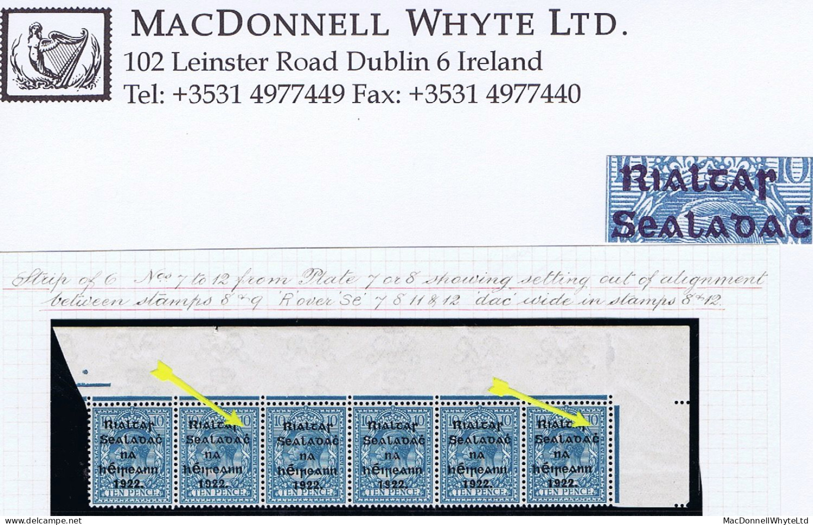 Ireland 1922 Thom Rialtas 5-line Ovpt In Blue-black On 10d, Corner Strip Of 6 "R Over Se" And "Wide-spaced Dac" Mint - Neufs