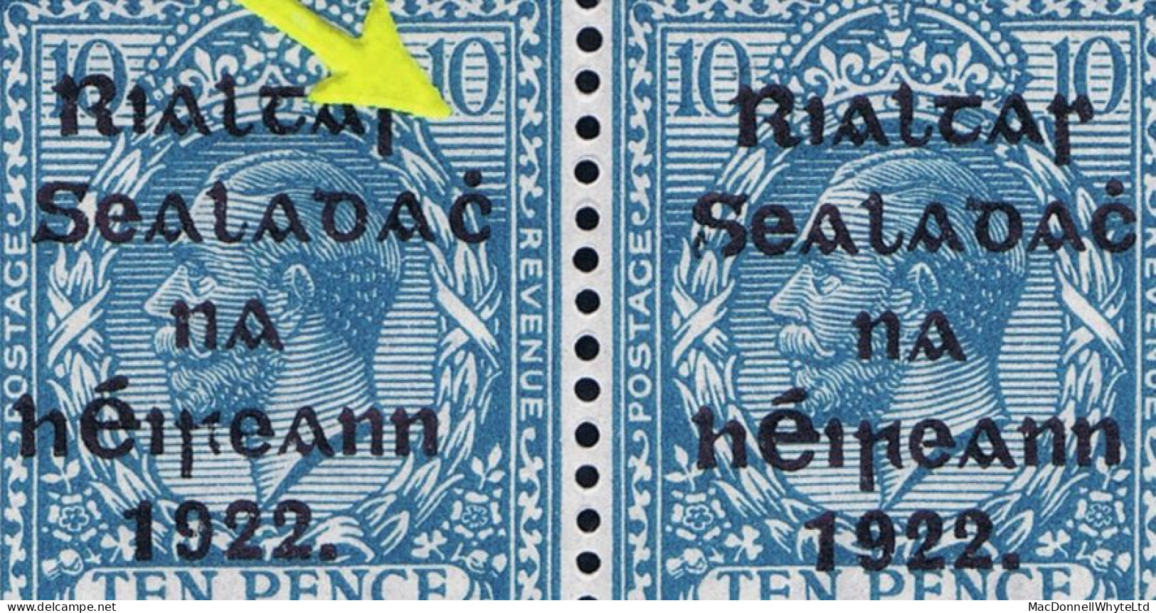 Ireland 1922 Thom Rialtas 5-line Ovpt In Blue-black On 10d, Corner Strip Of 6 "R Over Se" And "Wide-spaced Dac" Mint - Unused Stamps