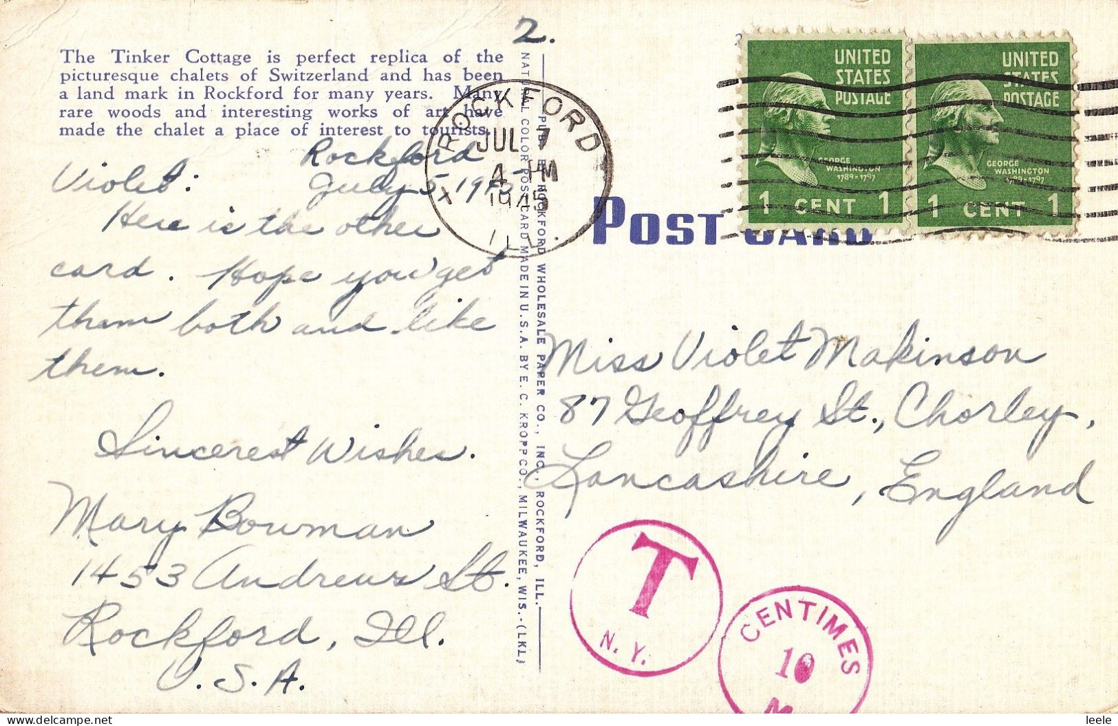 BQ89. Vintage US Linen Postcard. Swiss Cottage, Rockford, Illinois - Rockford