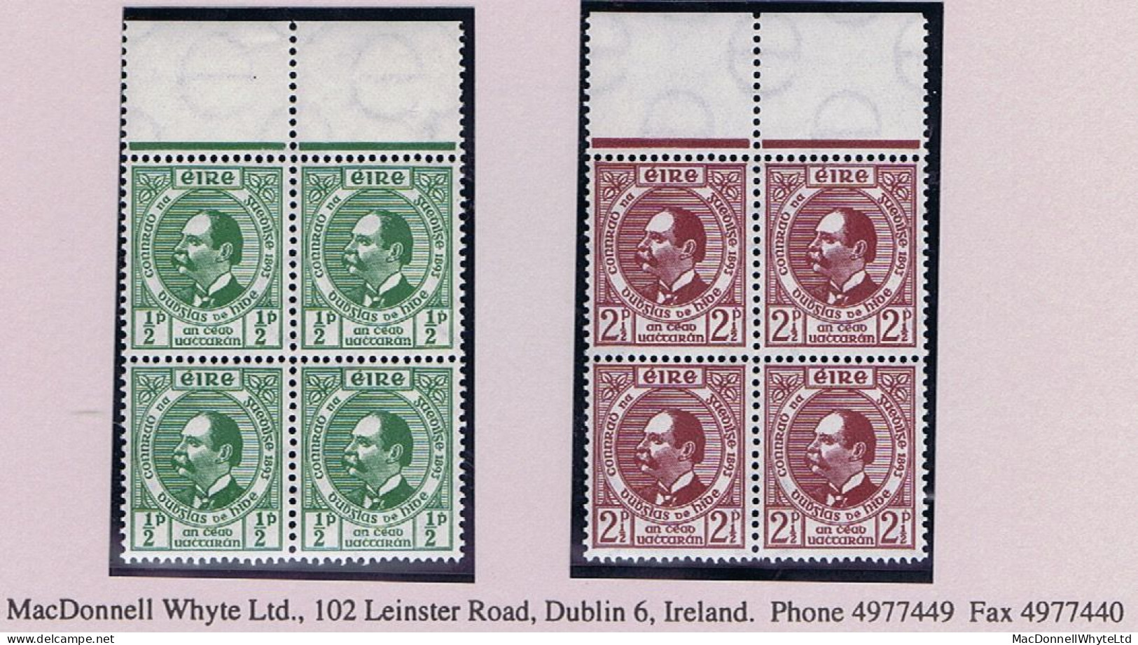 Ireland 1943 Hyde/Gaelic League Set Of 2 In Marginal Blocks Of 4 Fresh Mint Unmounted - Ongebruikt