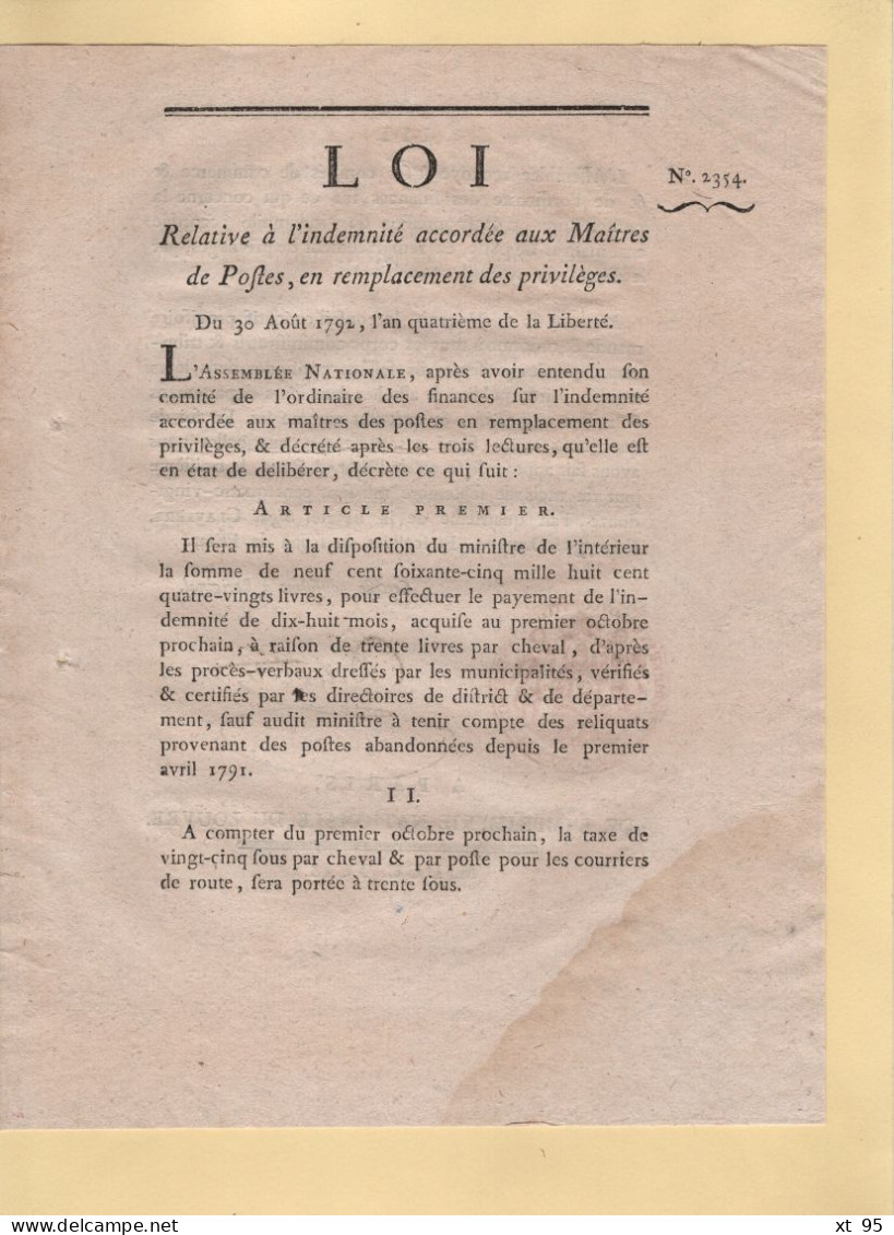 Loi Relative A L Indemnite Accordee Aux Maitres Des Postes - 1792 - Signature (tampon) Danton + Sceau De L Etat - Rare - 1701-1800: Precursores XVIII