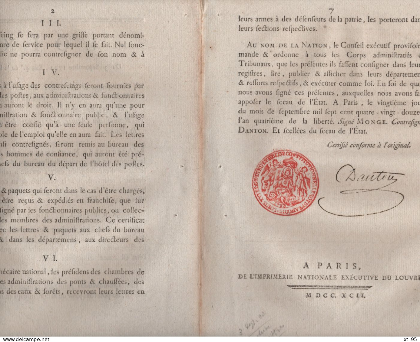 Loix - Contreseings Et Franchises - Foret Senonches - Armes - 1792 - Signature (tampon) Danton + Sceau De L Etat - Rare - 1701-1800: Vorläufer XVIII