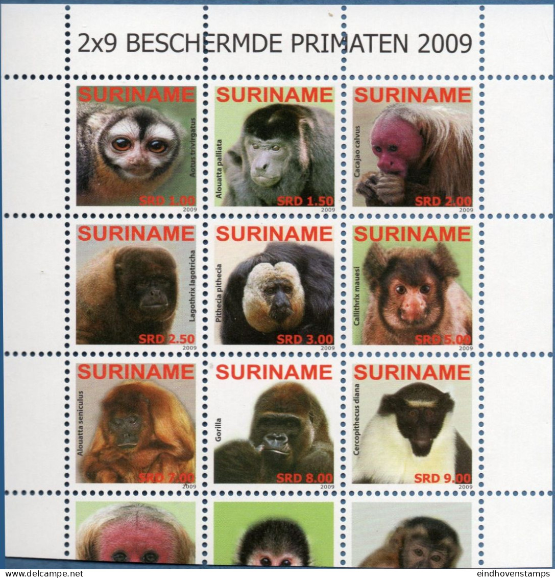 Suriname 2009 Primates 9 Values MNH Aotus, Alouatta, Cacajao, Lagothrincha, Pithecia, Callithrinx, Gorilla, - Apen