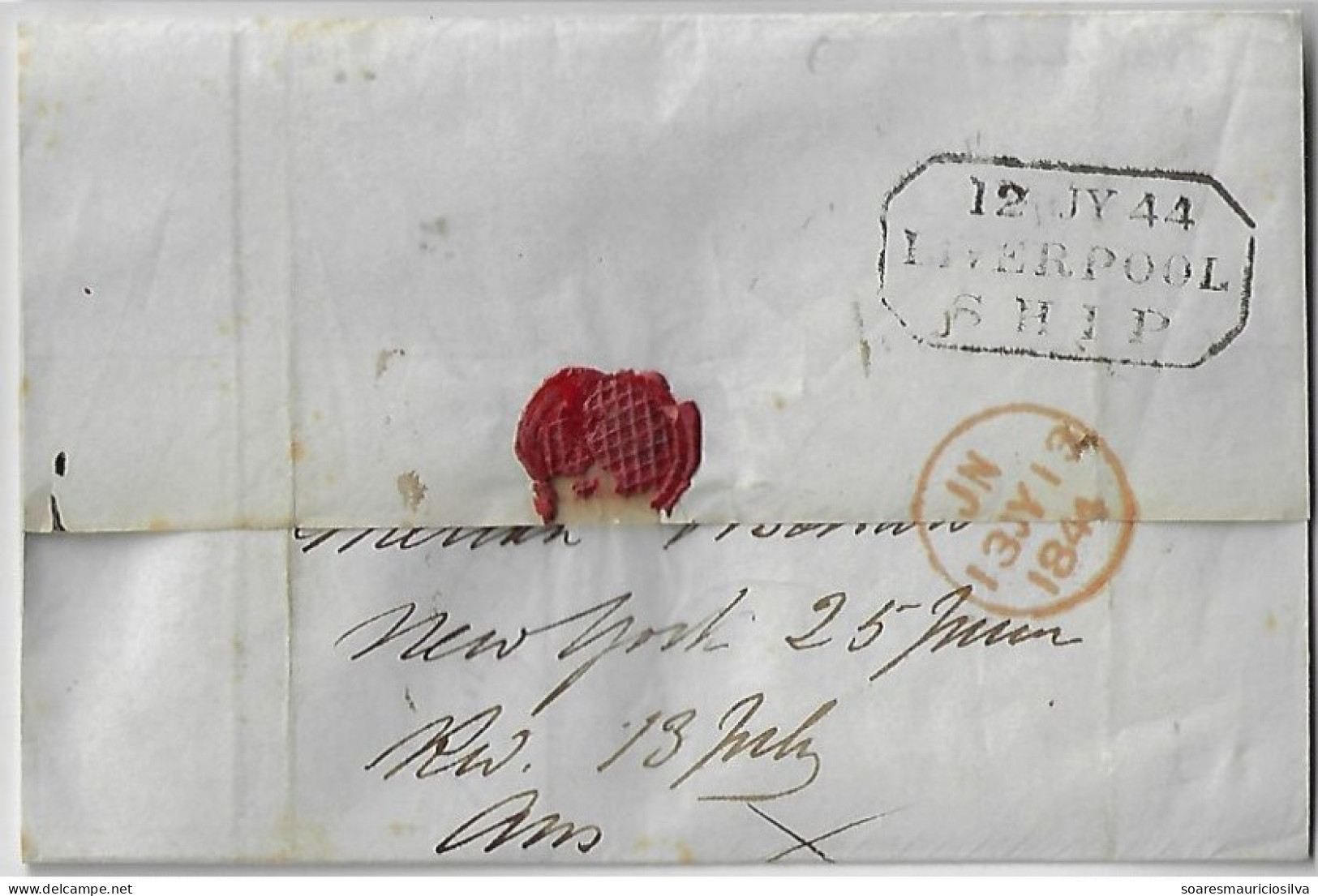 1844 Fold Cover From New York USA To London Great Britain Cancel Liverpool By Sail Ship Garrick Handwritten Postage 8 - Brieven En Documenten