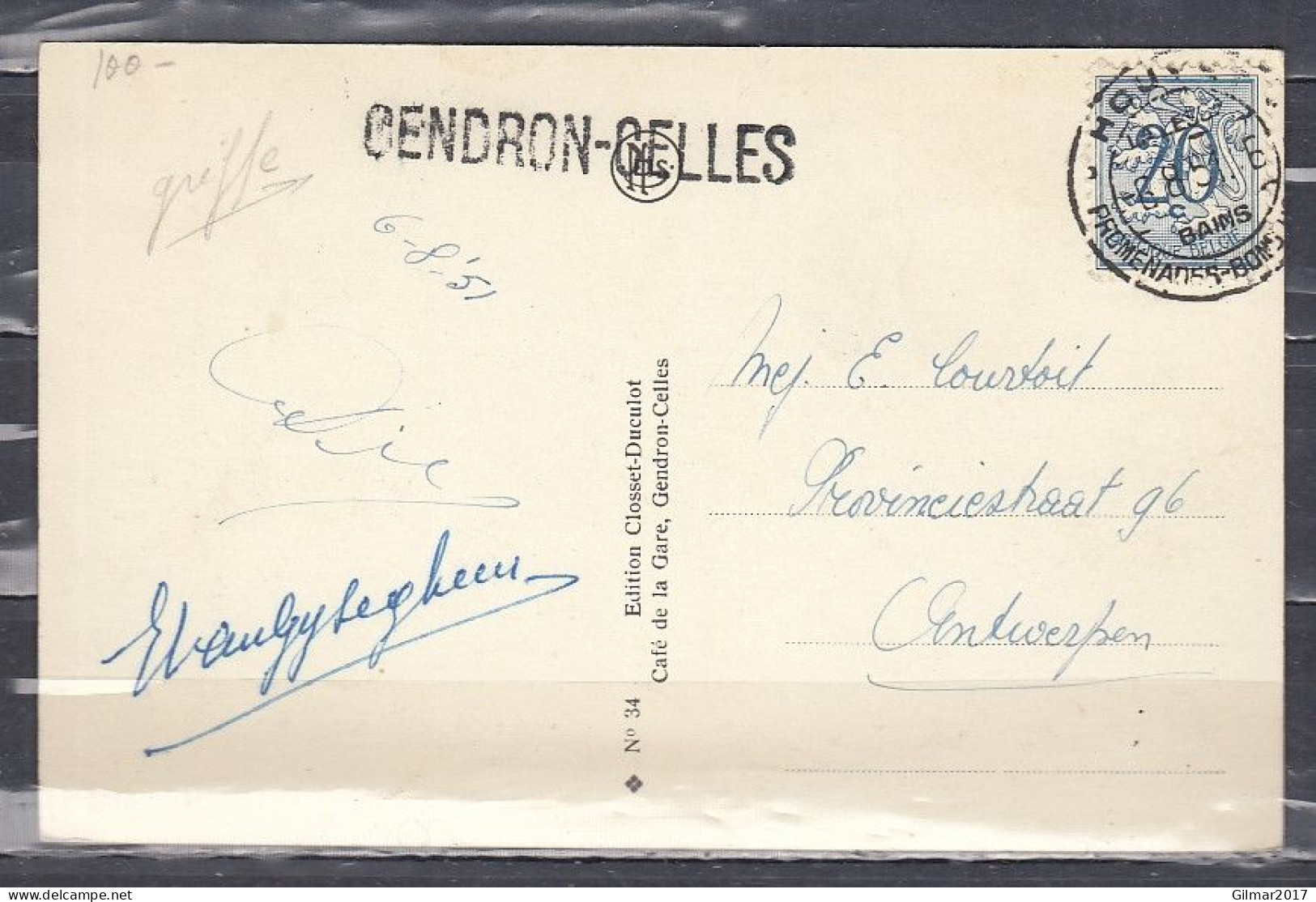 Postkaart Van Houyet Naar Antwerpen Met Langstempel GENDRON-CELLES - Linear Postmarks